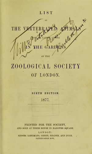 Cover for List of the vertebrated animals now or lately living in the Gardens of the Zoological Society of London.