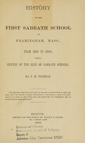 Cover for History of the first Sabbath school in Framingham, Mass., from 1816 to 1868