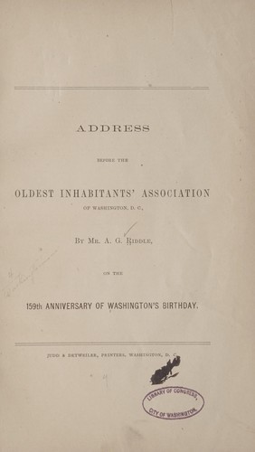 Cover for Address before the Oldest inhabitants' association of Washington, D.C.