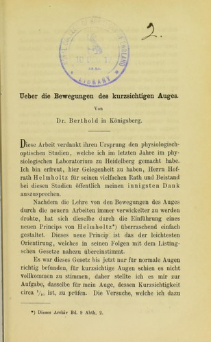Cover for Ueber die Bewegungen des kurzsichtigen Auges