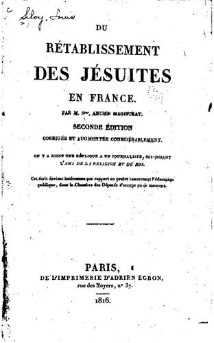 Cover for Du rétablissement des Jésuites en France