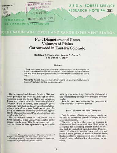 Cover for Past diameters and gross volumes of plains cottonwood in eastern Colorado