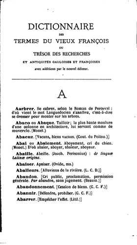 Cover for Dictionnaire des termes du vieux françois: ou, Trésor des recherches ...
