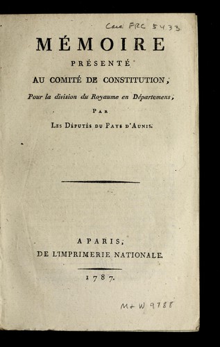 Cover for Me moire pre sente  au Comite  de constitution