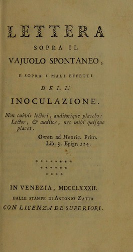 Cover for Lettera sopra il vajuolo spontaneo, e sopra i mali effetti dell'inoculazione