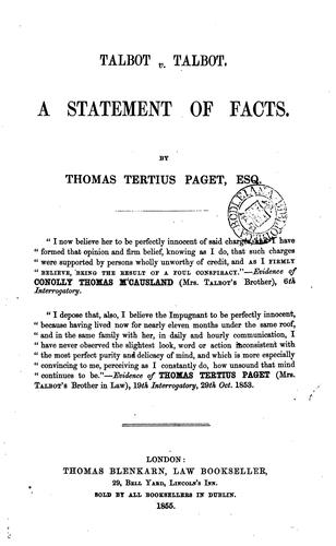 Cover for Talbot V. Talbot: A Statement of Facts ...
