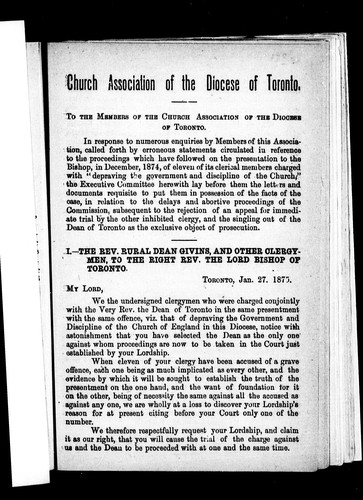 Cover for To the members of the Church Association of the Diocese of Toronto
