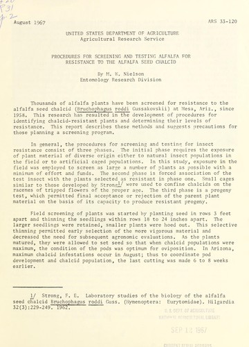 Cover for Procedures for screening and testing alfalfa for resistance to the alfalfa seed chalcid
