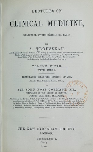 Cover for Lectures on clinical medicine at the Hotel-Dieu, Paris
