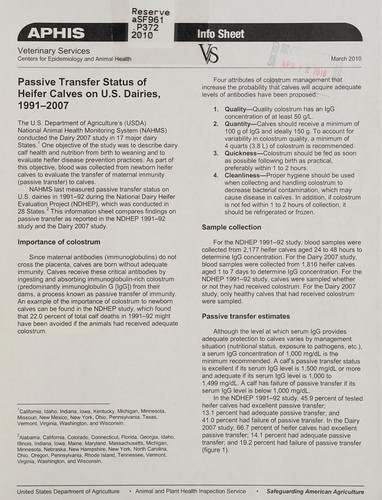 Cover for Passive transfer status of heifer calves on U.S. dairies, 1991-2007