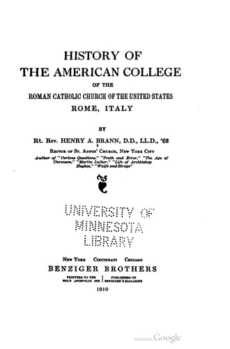 Cover for History of the American College of the Roman Catholic Church of the United States, Rome, Italy