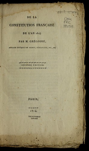 Cover for De la constitution franc ʹaise de l'an 1814
