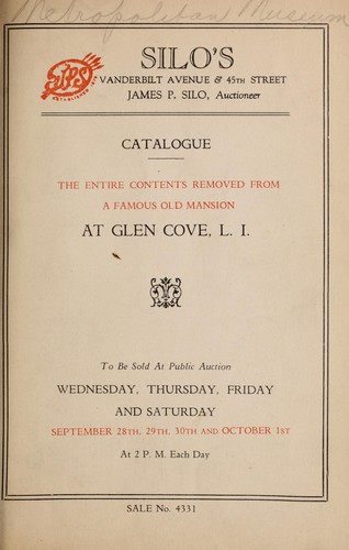 Cover for Catalogue of the entire contents removed from a famous old mansion at Glen Cove, L.I.