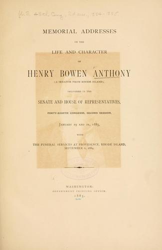 Cover for Memorial addresses on the life and character of Henry Bowen Anthony (a senator from Rhode Island)