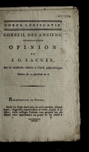 Cover for Opinion de J.G. Lacue e, sur la re solution relative a   l'E cole polytechnique