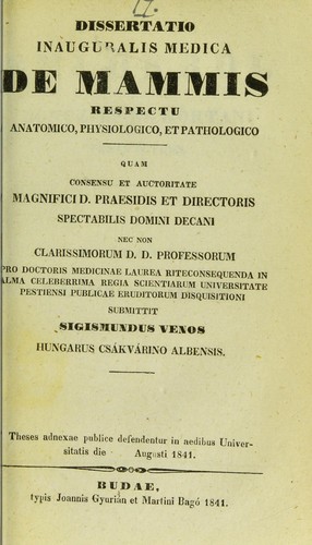 Cover for Dissertatio inauguralis medica de mammis respectu anatomico, physiologico, et pathologico ...