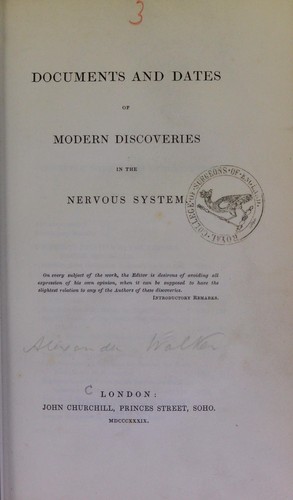 Cover for Documents and dates of modern discoveries in the nervous system