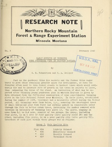 Cover for Early effects of thinning pure ponderosa pine in Western Montana