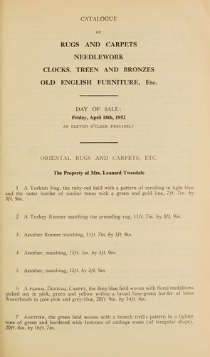 Cover for Catalogue of Persian, Indian and Donegal rugs and carpets, old English needlework, French, Italian and Oriental textiles, curtains, bronzes and treen, bracket and long-case clocks, chandeliers and candelabra, old English furniture, etc