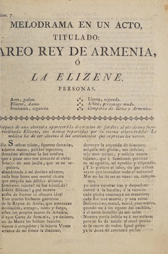 Cover for Melodrama en un acto titulado Areo, rey de Armenia, o, La Elizene