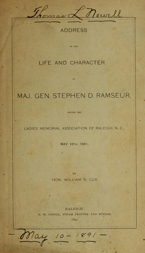 Cover for Address on the life and character of Maj. Gen. Stephen D. Ramseur