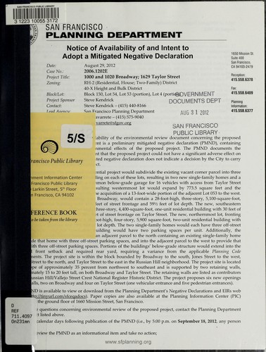 Cover for Notice of availability of and intent to adopt a mitigated negative declaration