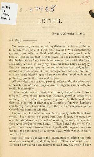 Cover for Letter of Hon. Joseph Segar, to a friend in Virginia