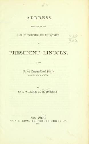 Cover for Address delivered on the Sabbath following the assassination of President Lincoln