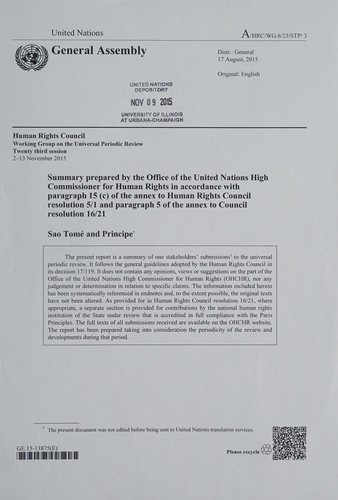 Cover for Summary prepared by the Office of the United Nations High Commissioner for Human Rights in accordance with paragraph 15(c) of the annex to Human Rights Council resolution 5/1 and paragraph 5 of the annex to Council resolution 16/21
