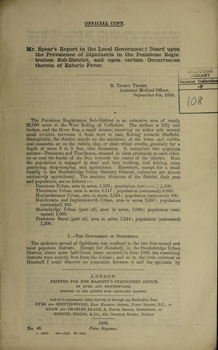 Cover for Mr. Spear's report to the Local Government Board upon the prevalence of diphtheria in the Penistone registration sub-district, and upon certain occurrences therein of enteric fever