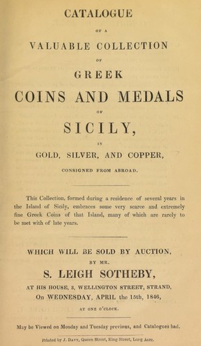 Cover for Catalogue of a valuable collection of Greek coins and medals, of Sicily, in gold, silver and copper, consigned from abroad ...