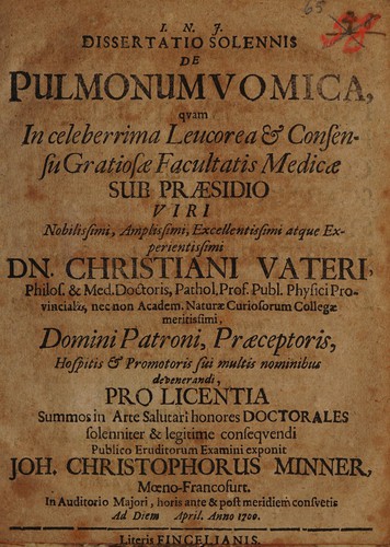 Cover for Dissertatio solennis de pulmonum vomica ...