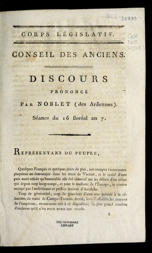 Cover for Discours prononce  par Noblet (des Ardennes), se ance du 16 flore al an 7.