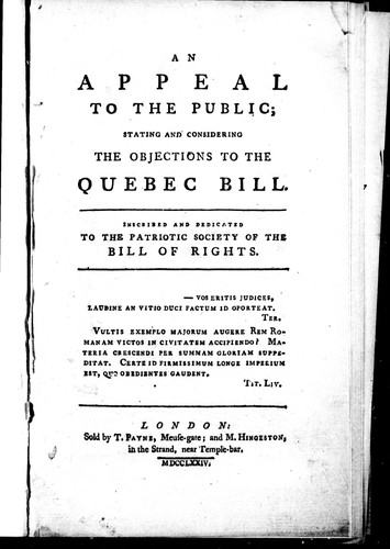Cover for An appeal to the public stating and considering the objections to the Quebec Bill