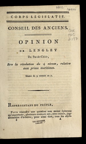 Cover for Opinion de Lenglet du Pas-de-Calais, sur la re solution du 4 nivose, relative aux prises maritimes