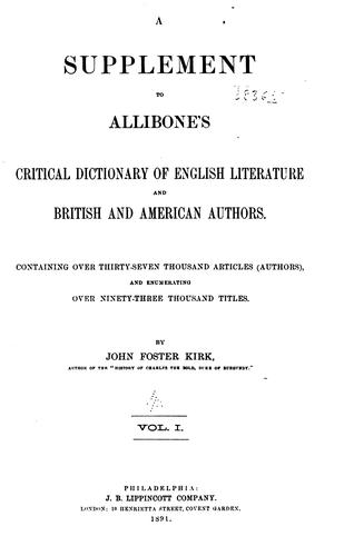 Cover for supplement to Allibone's Critical dictionary of English literature and British and American authors.
