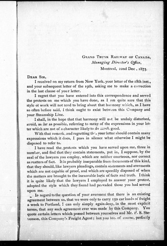 Cover for [ Correspondence between Grand Trunk Railway Company and the Allan Line Steamship Company regarding blockage of freight at Portland, Me., 1873]