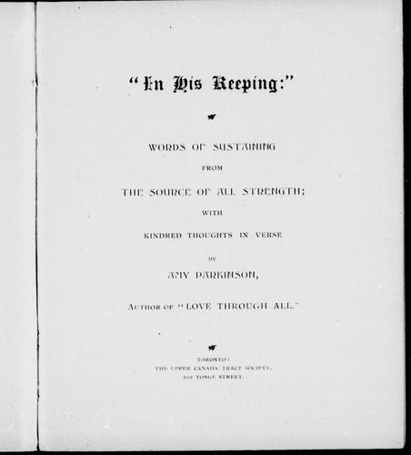 Cover for " In his keeping"