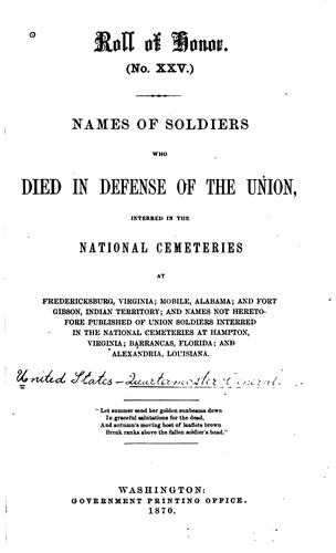 Cover for Roll of Honor: Names of Soldiers who Died in Defense of the American Union ...