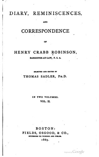 Cover for Diary, reminiscences, and correspondence of Henry Crabb Robinson ...