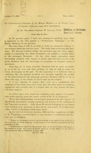 Cover for Preliminary catalogue of the marine mollusca of the Pacific Coast of Canada