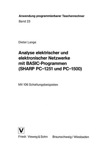 Cover for Analyse elektrischer und elektronischer Netzwerke mit BASIC-Programmen (SHARP PC-1251 und PC-1500)