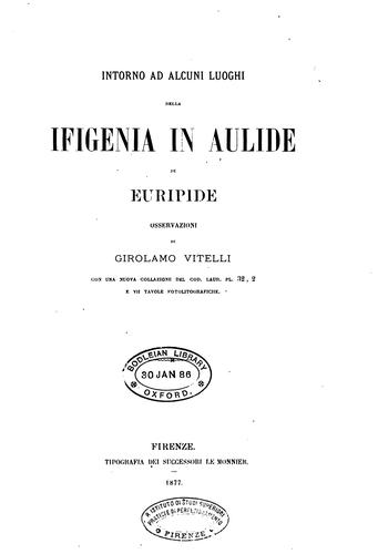 Cover for Intorno ad alcuni luoghi della Ifigenia in Aulide di Euripide osservazioni. (Publ., R. ist. di ...