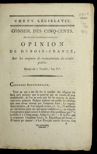 Cover for Opinion de Dubois-Crance , sur les moyens de restauration du cre dit public