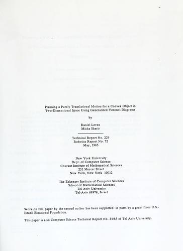 Cover for Planning a purely translational motion for a convex object in two-dimensional space using generalized Voronoi diagrams