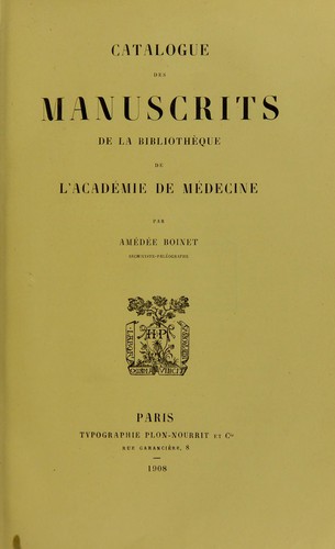 Cover for Catalogue des manuscrits de la Bibliothèque de l'Académie de Médecine