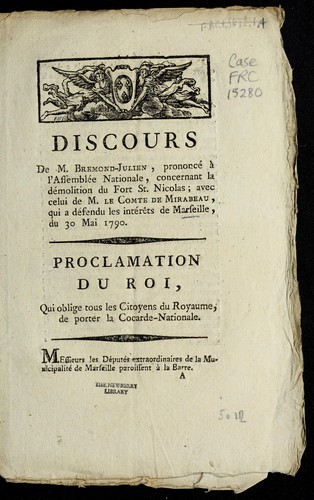 Cover for Discours de M. Bremond-Julien, prononce  a   l'Assemble e nationale, concernant la de molition du fort St. Nicolas