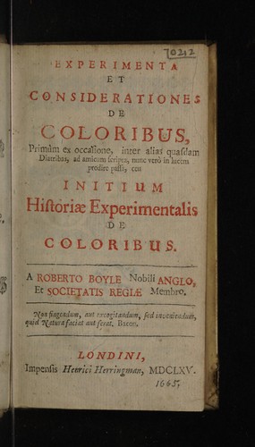 Cover for Experimenta et considerationes de coloribus ... ceu initium historiae experimentalis de coloribus
