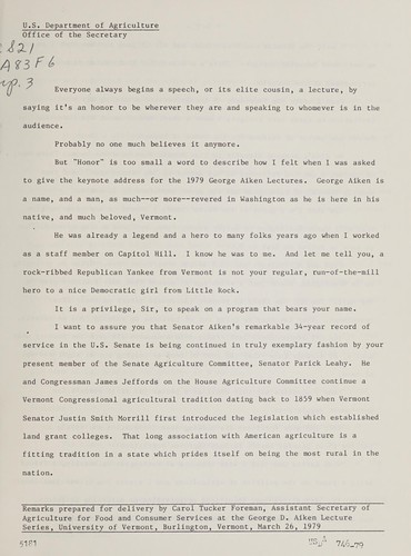 Cover for Remarks prepared for delivery by Assistant Secretary of Agriculture for Food and Consumer Services at the George D. Aiken Lecture Series, University of Vermont, Burlington, Vermont