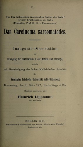 Cover for Das Carcinoma sarcomatodes ...
